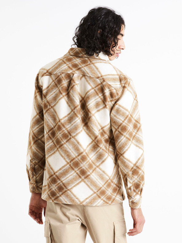 Celio Krémovo-hnědá pánská kostkovaná svrchní košile Celio Caima