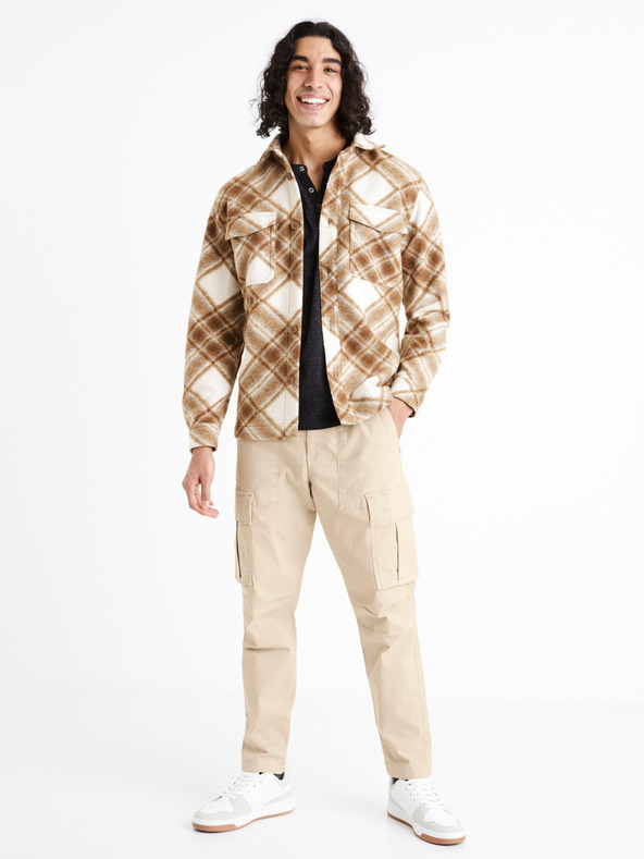 Celio Krémovo-hnědá pánská kostkovaná svrchní košile Celio Caima