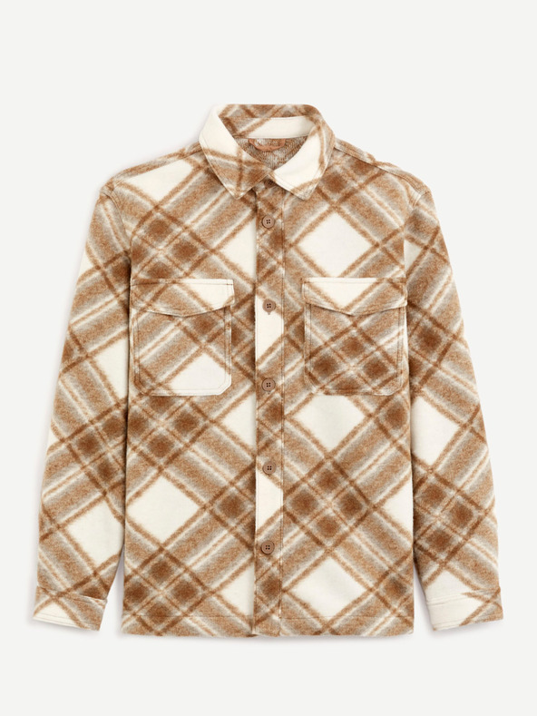 Celio Krémovo-hnědá pánská kostkovaná svrchní košile Celio Caima