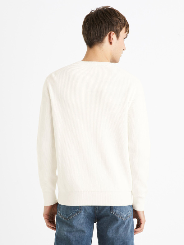 Celio Krémový pánský žebrovaný basic svetr Celio Dexter
