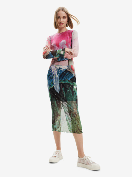 Desigual Zeleno-růžové dámské pouzdrové midišaty Desigual Skyline