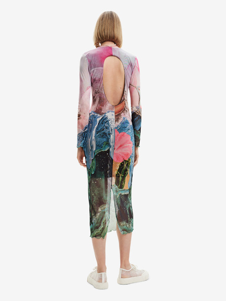 Desigual Zeleno-růžové dámské pouzdrové midišaty Desigual Skyline