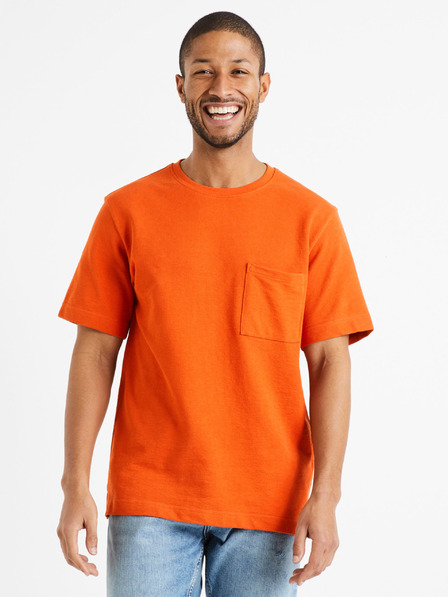 Celio Oranžové pánské basic tričko s kapsičkou Celio Degauffre