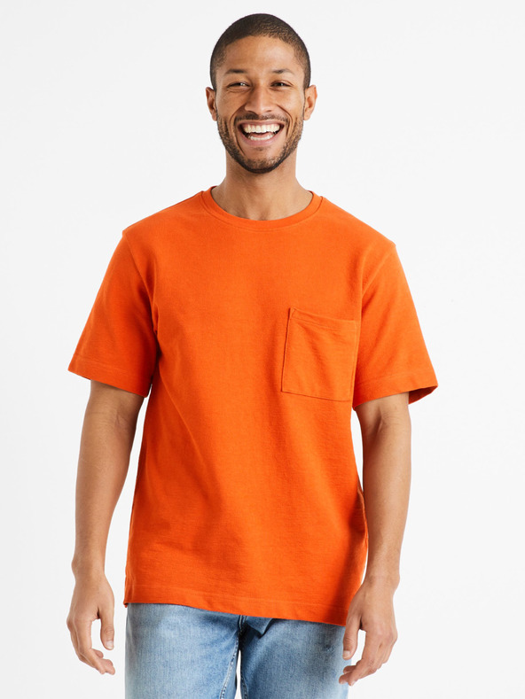 Celio Oranžové pánské basic tričko s kapsičkou Celio Degauffre