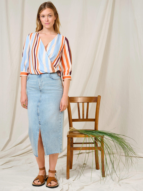 Orsay Modro-oranžová pruhovaná zavinovací halenka s tříčtvrtečním rukávem