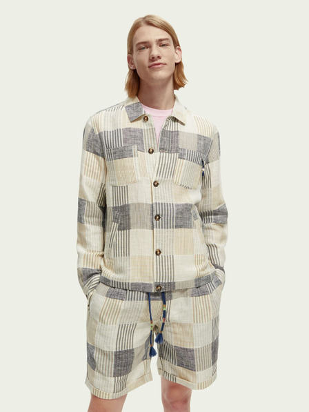 Scotch & Soda Šedo-krémová pánská lněná kostkovaná košilová bunda Scotch & Soda