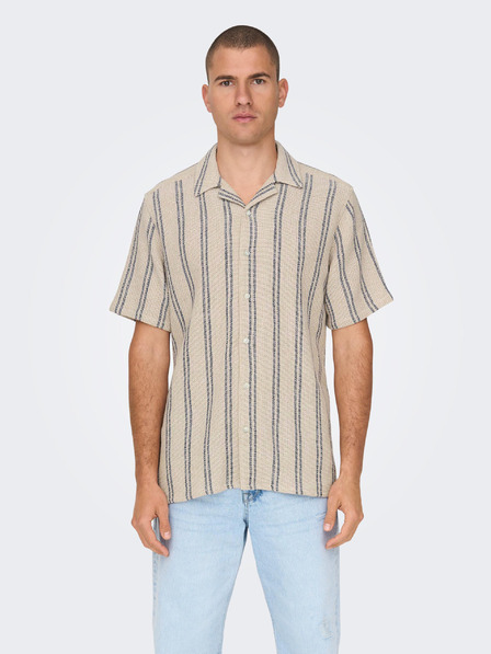 ONLY & SONS Béžová pánská pruhovaná košile s krátkým rukávem ONLY & SONS Trev