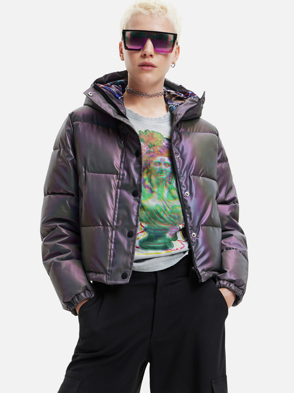 Desigual Šedá dámská prošívaná bunda s metalickými odlesky Desigual Re