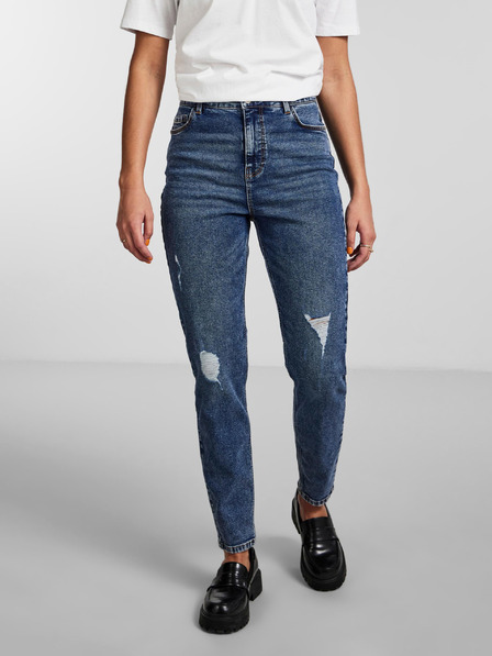 Pieces Modré dámské mom fit džíny s potrhaným efektem Pieces Kesia
