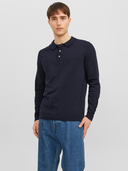 Jack & Jones Tmavě modré pánské úpletové polo tričko s dlouhým rukávem Jack & Jones Blaigor