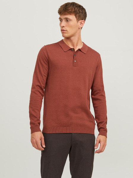 Jack & Jones Cihlové pánské úpletové polo tričko s dlouhým rukávem Jack & Jones Blaigor