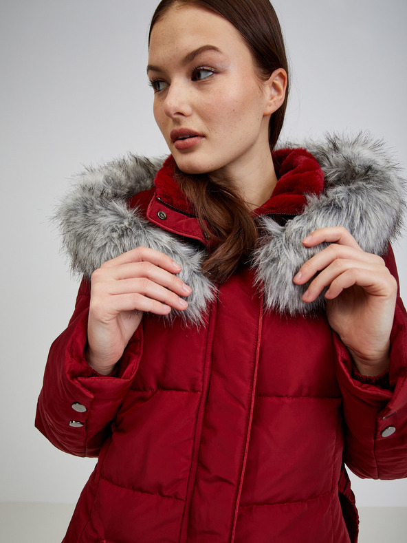 Orsay Vínový dámský péřový zimní kabát s kapucí a umělým kožíškem ORSAY