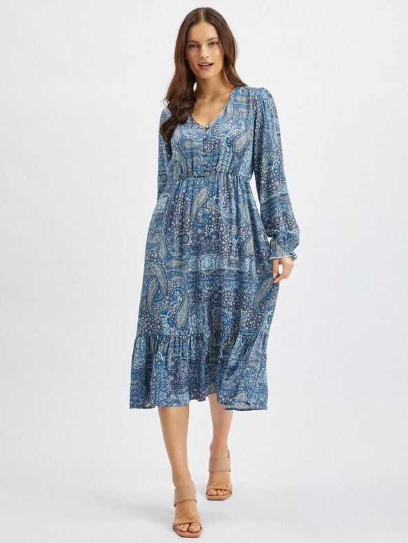 Orsay Modré dámské vzorované  midišaty ORSAY