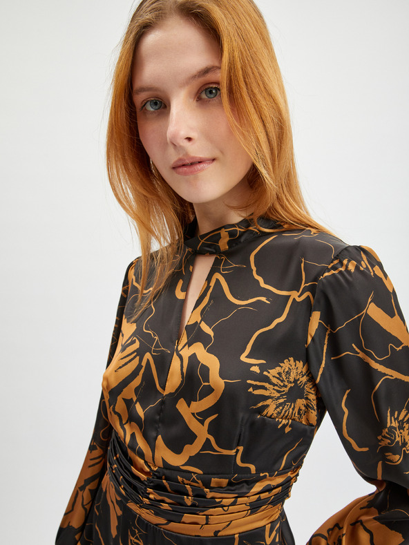 Orsay Hnědo-černé dámské květované saténové šaty ORSAY