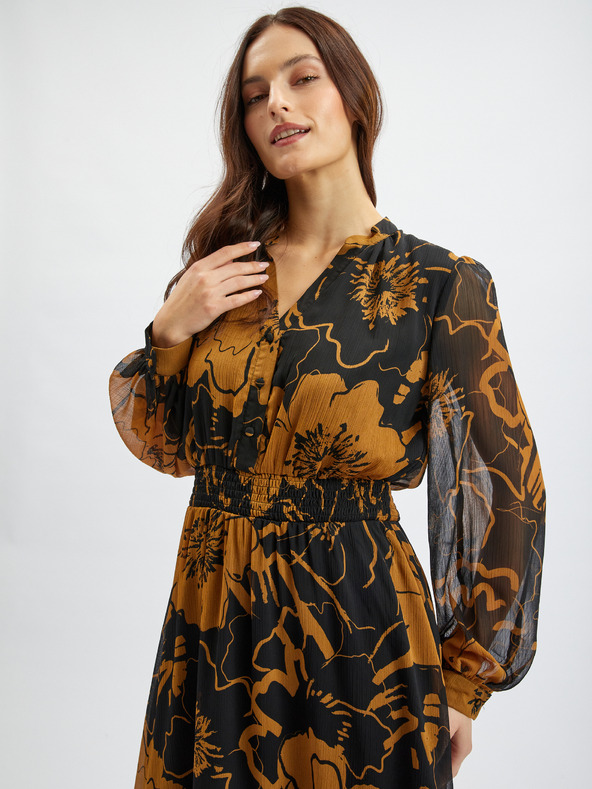 Orsay Hnědo-černé dámské květované midišaty ORSAY