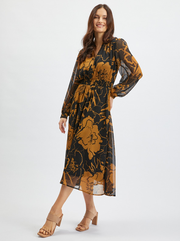 Orsay Hnědo-černé dámské květované midišaty ORSAY