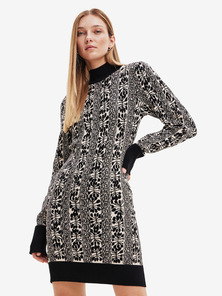 Desigual Béžovo-černé dámské vzorované svetrové šaty Desigual Francesca - Lacroix