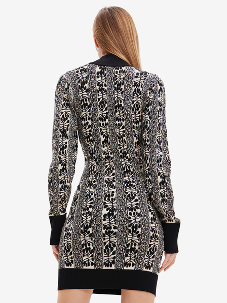 Desigual Béžovo-černé dámské vzorované svetrové šaty Desigual Francesca - Lacroix
