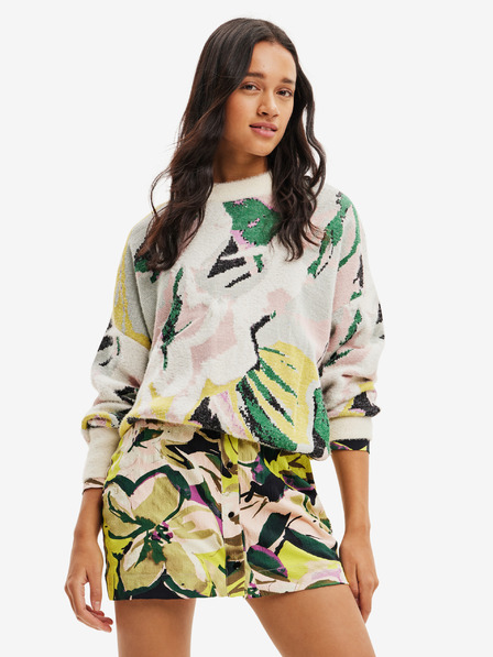 Desigual Zeleno-bílý dámský vzorovaný svetr Desigual Tropi