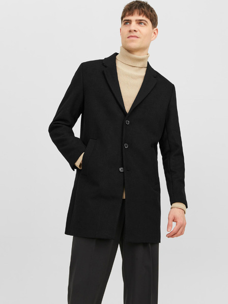 Jack & Jones Černý pánský kabát s příměsí vlny Jack & Jones Morrison