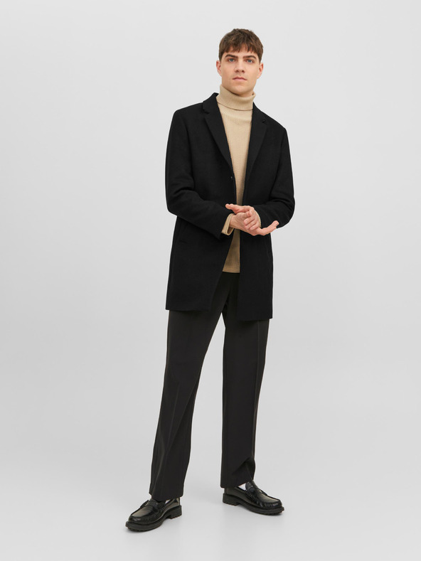 Jack & Jones Černý pánský kabát s příměsí vlny Jack & Jones Morrison