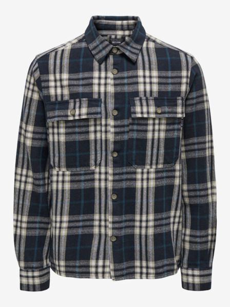 ONLY & SONS Béžovo-modrá pánská kostkovaná flanelová košile ONLY & SONS Scott