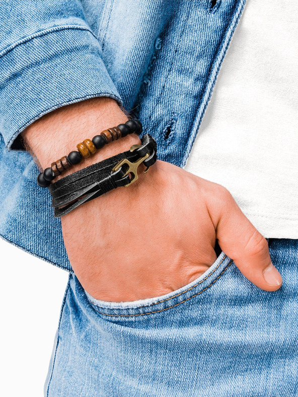 Ombre Clothing Černý pánský kožený náramek Ombre Clothing