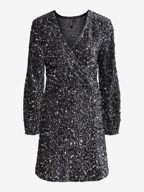 Pieces Šedé dámské flitrové šaty Pieces Kam