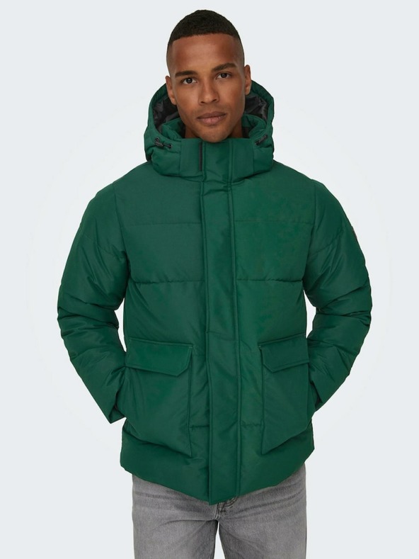 ONLY & SONS Tmavě zelená pánská prošívaná zimní bunda ONLY & SONS Carl