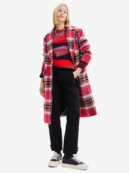 Desigual Růžový dámský kostkovaný kabát s příměsí vlny Desigual Tommy