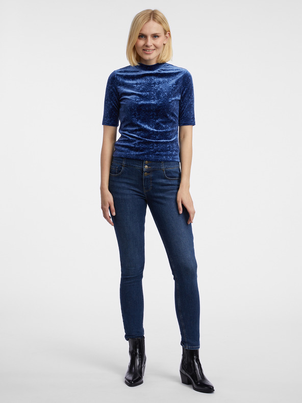 Orsay Tmavě modrý dámský vzorovaný sametový top ORSAY