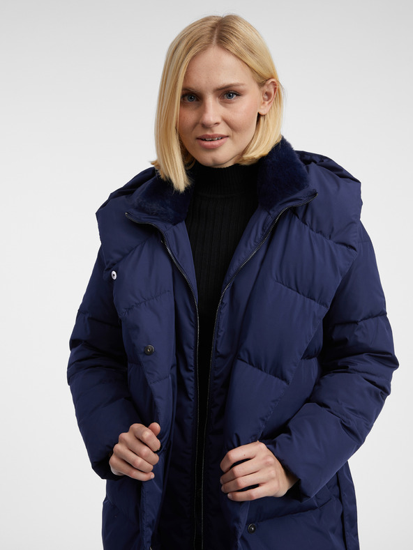 Orsay Tmavě modrý dámský péřový kabát ORSAY