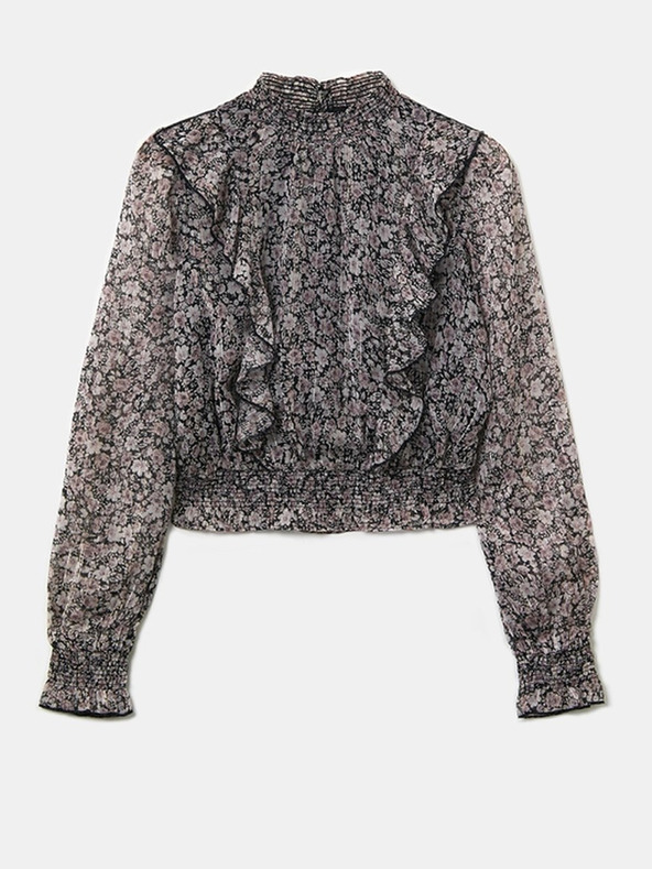 TALLY WEiJL Bílo-černá květovaná krátká halenka s volány TALLY WEiJL