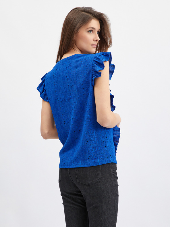 Orsay Modré dámské tričko s volánem ORSAY