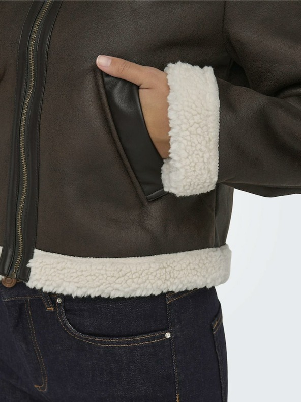 ONLY Tmavě hnědá dámská koženková bunda s umělým kožíškem ONLY Betty