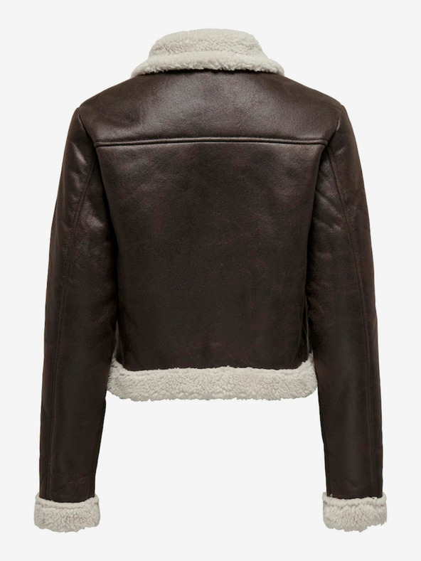 ONLY Tmavě hnědá dámská koženková bunda s umělým kožíškem ONLY Betty