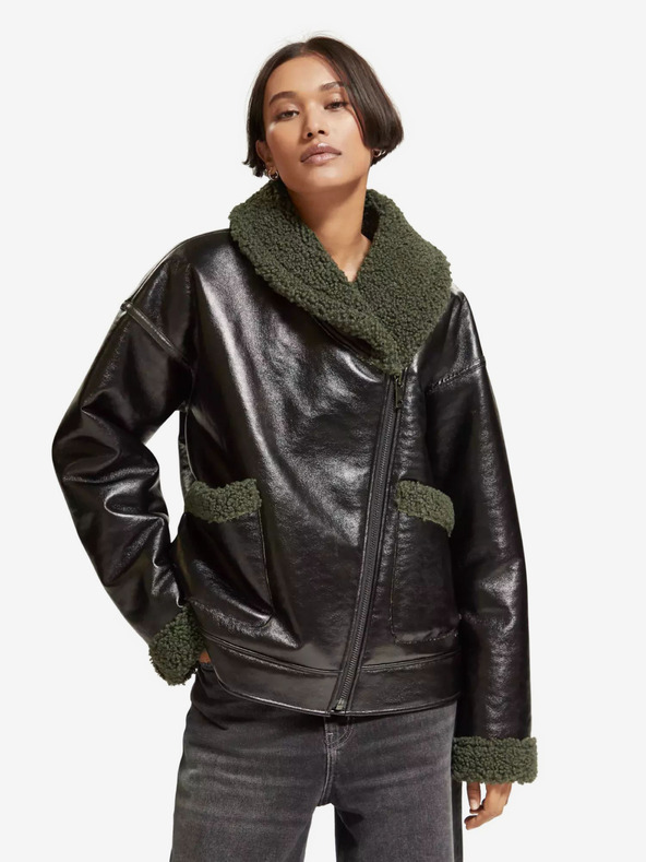 Scotch & Soda Černá dámská zimní koženková bunda s umělým kožíškem Scotch & Soda