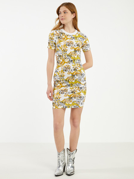 Versace Jeans Couture Žluto-bílé dámské vzorované pouzdrové šaty Versace Jeans Couture