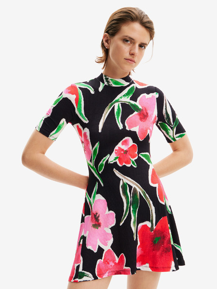 Desigual Růžovo-černé dámské květované úpletové šaty Desigual Boston