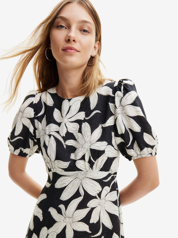 Desigual Bílo-černé dámské květované šaty Desigual Nashville