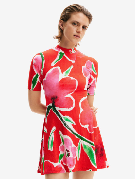 Desigual Červené dámské květované úpletové šaty Desigual Boston