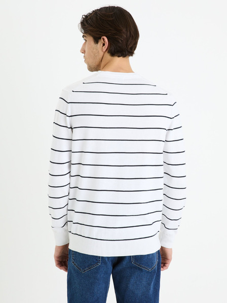 Celio Bílý pánský pruhovaný basic svetr Celio Decoton