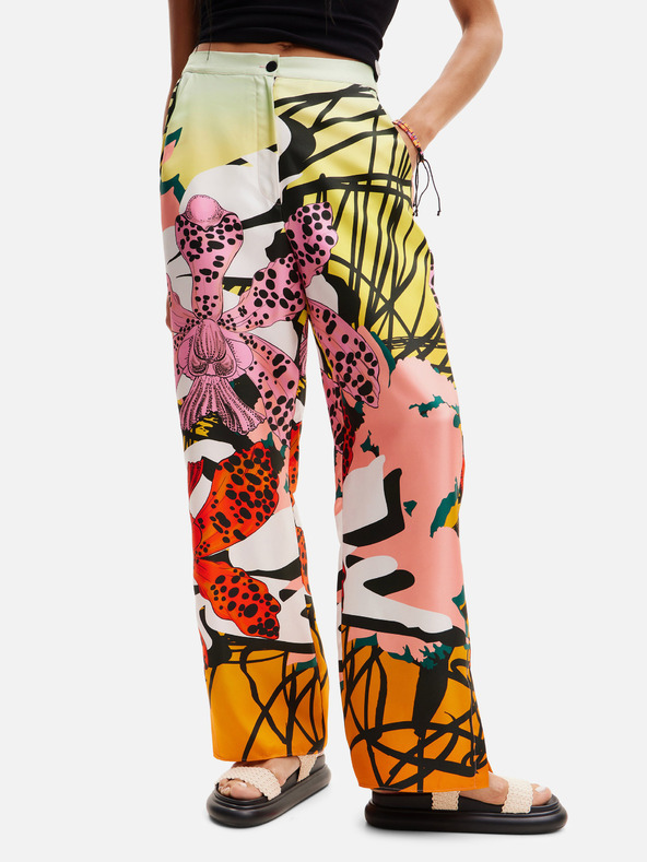 Desigual Žluto-růžové dámské vzorované hedvábné kalhoty Desigual Ericeira Lacroix