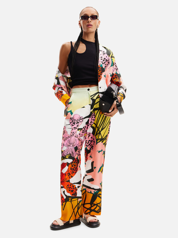 Desigual Žluto-růžové dámské vzorované hedvábné kalhoty Desigual Ericeira Lacroix