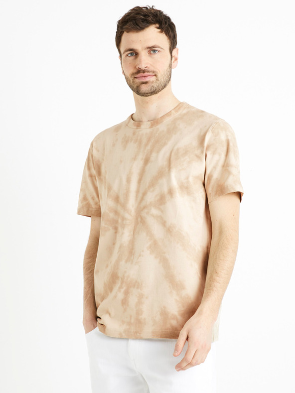 Celio Béžové pánské batikované tričko Celio Deswirl