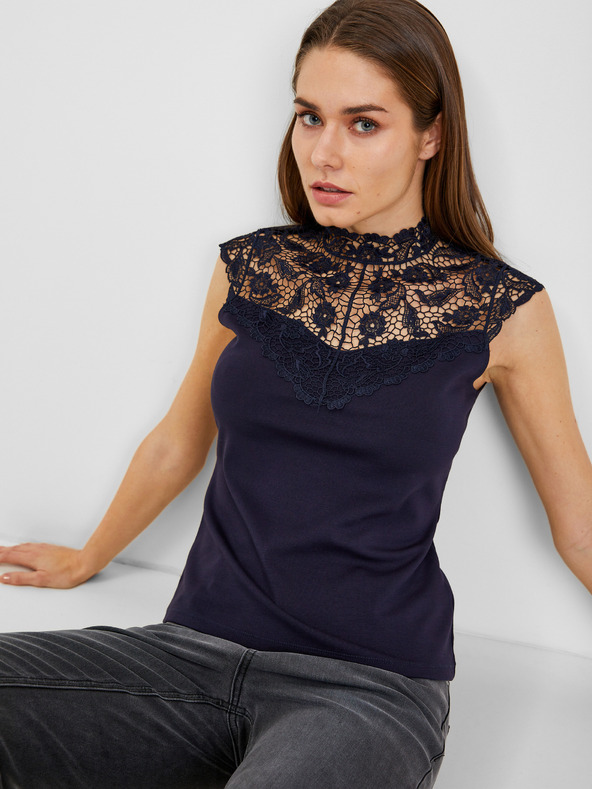 Orsay Tmavě modré dámské tričko s krajkovým detailem ORSAY