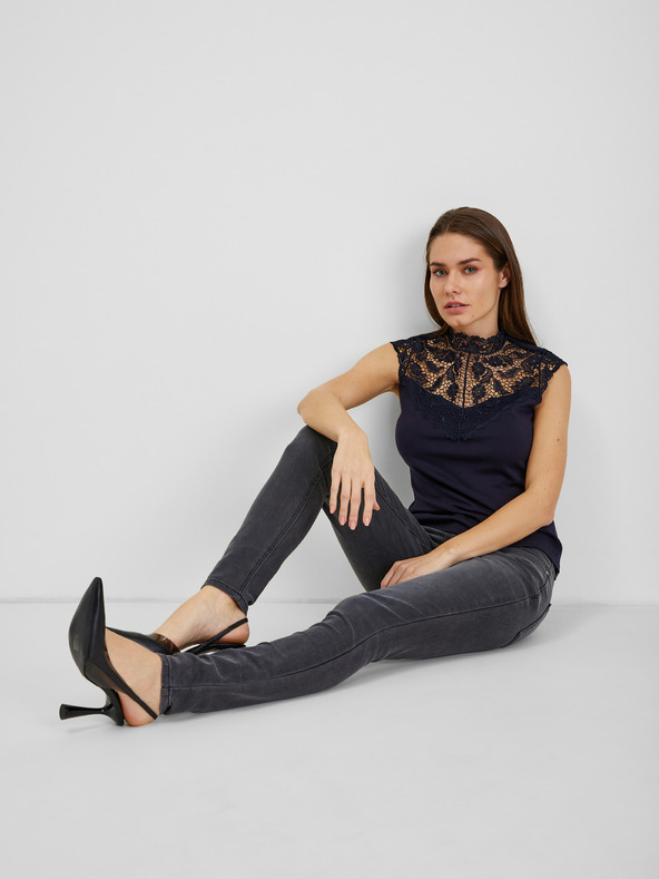 Orsay Tmavě modré dámské tričko s krajkovým detailem ORSAY