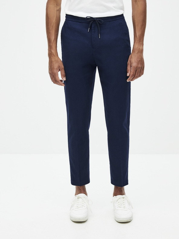 Celio Tmavě modré pánské lněné zkrácené kalhoty Celio