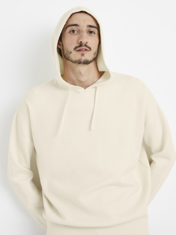 Celio Krémová pánská basic mikina s kapucí Celio
