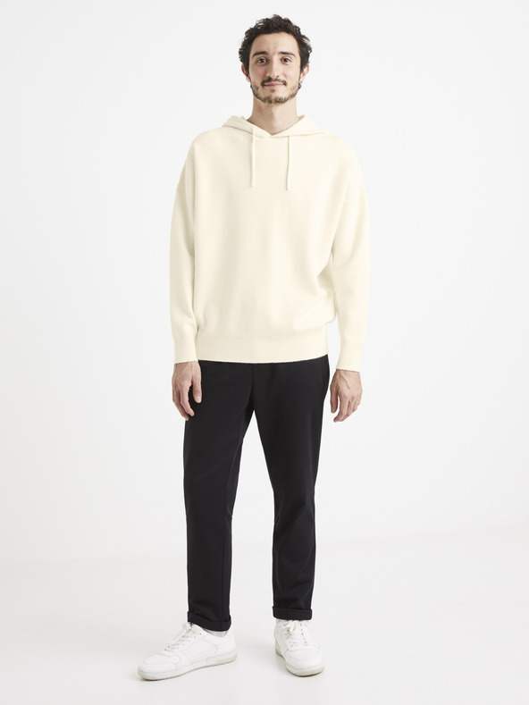 Celio Krémová pánská basic mikina s kapucí Celio